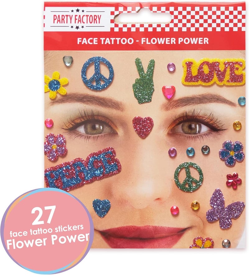 Party Factory Simple upgraded construction Flower Power Face Tattoo, Temporary Glitter Face Tattoo for Theme Party, Halloween & Carnival, Children and Adults Cleaner resistant - Image 2