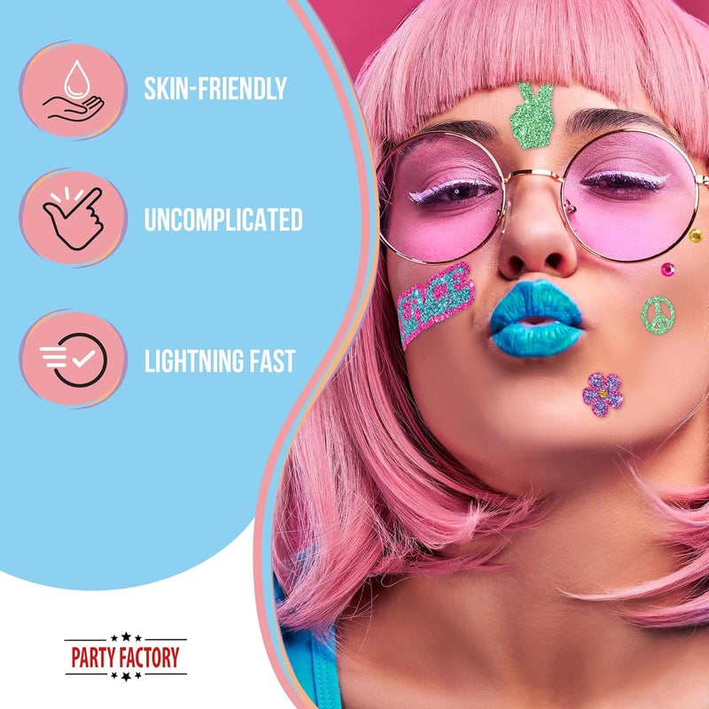 Party Factory Simple upgraded construction Flower Power Face Tattoo, Temporary Glitter Face Tattoo for Theme Party, Halloween & Carnival, Children and Adults Cleaner resistant - Image 4