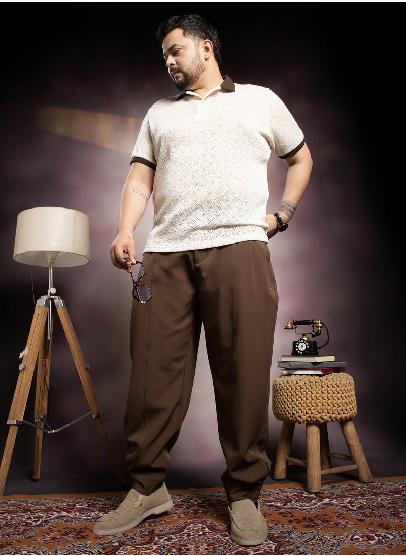 Instafab Plus Instafab Plus Men's Russet Brown Panelled Gurkha Trousers For Casual Wear | Mid-Rise | Regular Fit | Button Closure | Plus Size Trousers Crafted With Comfort Fit For Everyday Wear  - Image 5