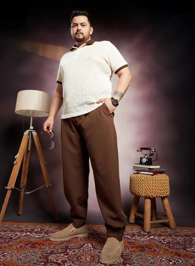 Instafab Plus Instafab Plus Men's Russet Brown Panelled Gurkha Trousers For Casual Wear | Mid-Rise | Regular Fit | Button Closure | Plus Size Trousers Crafted With Comfort Fit For Everyday Wear