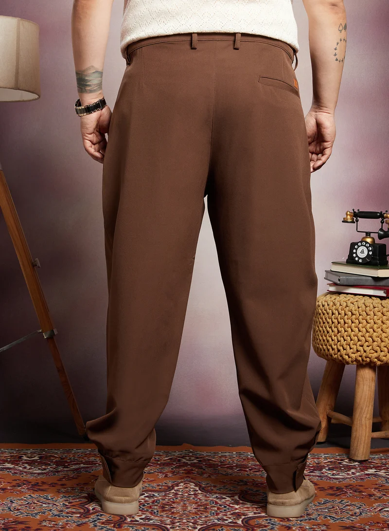 Instafab Plus Instafab Plus Men's Russet Brown Panelled Gurkha Trousers For Casual Wear | Mid-Rise | Regular Fit | Button Closure | Plus Size Trousers Crafted With Comfort Fit For Everyday Wear