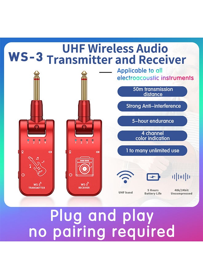 UHF - 4 Channels Wireless Guitar System Transmitter and Receiver 800MHz-900MHz Plug and Play 282-degree Rotation 6.35mm Audio Interface Electric Music Instrument System - Image 1