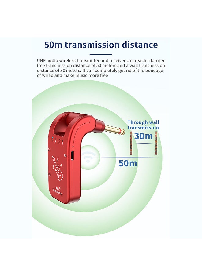 UHF 4 Channels Wireless Guitar System Transmitter and Receiver 800MHz-900MHz Plug and Play 282-degree Rotation 6.35mm Audio Interface Electric Music Instrument System  - Image 4