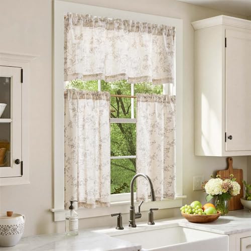 jinchan Floral Kitchen Curtains Set 36 Inch Length Farmhouse Linen Cafe Curtains and Valance Set for Living Room Bathroom Small Window Treatments Rod Pocket 3 Panels Taupe on Linen - Image 3