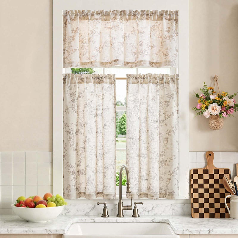 jinchan Floral Kitchen Curtains Set 36 Inch Length Farmhouse Linen Cafe Curtains and Valance Set for Living Room Bathroom Small Window Treatments Rod Pocket 3 Panels Taupe on Linen - Image 2