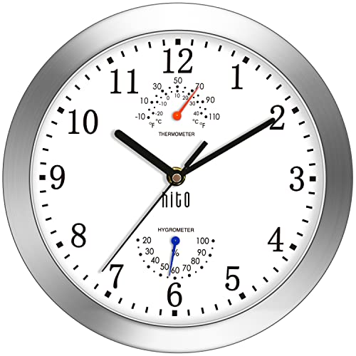HITO 10 Inch Silent Wall Clock Battery Operated Non Ticking Glass Cover Silver Aluminum Frame for Kitchen Bedroom Home Office Living Room Decor White
