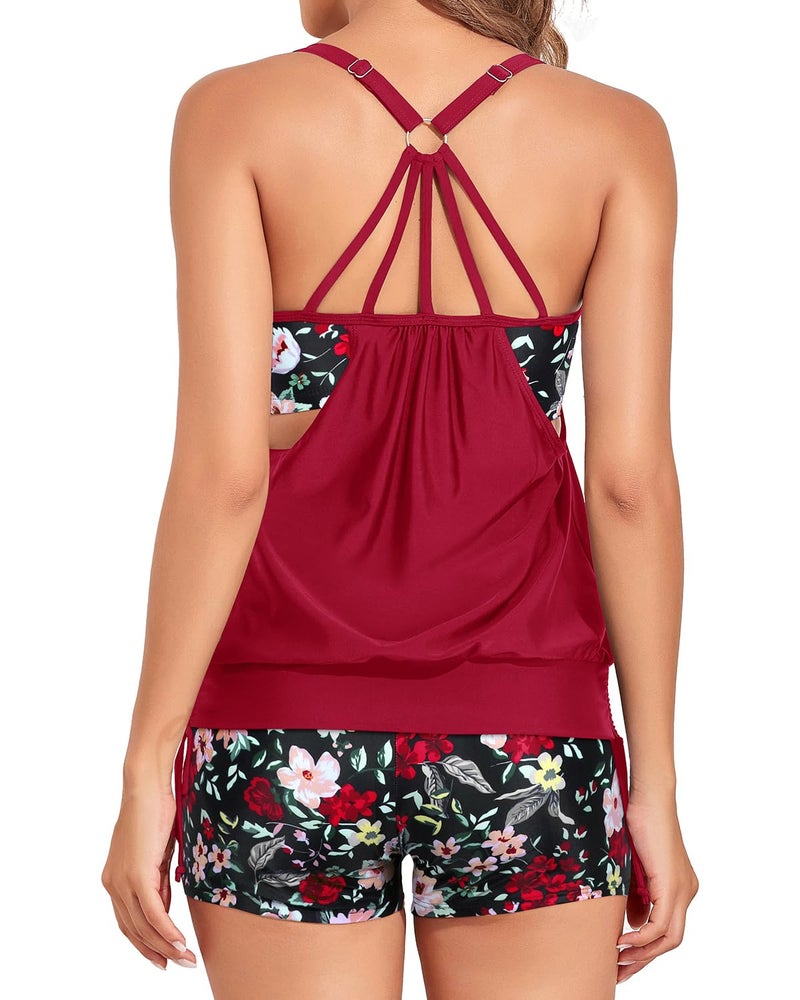 Holipick Red Flower Blouson Tankini Swimsuits for Women - Two Piece Tummy Control Bathing Suit with Shorts Modest Swimwear L - Image 2