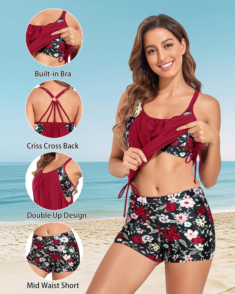 Holipick Red Flower Blouson Tankini Swimsuits for Women - Two Piece Tummy Control Bathing Suit with Shorts Modest Swimwear L - Image 4