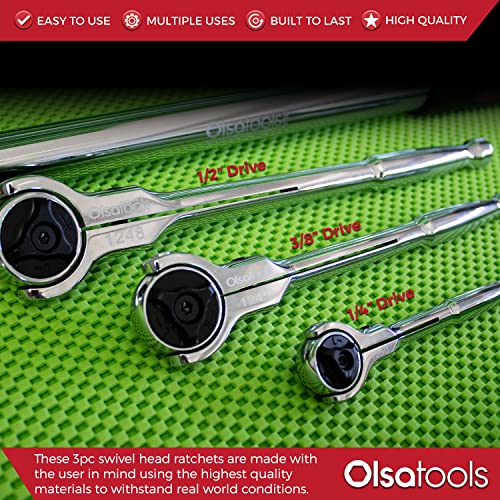 Olsa Tools 90T Swivel Head Ratchet Wrench Set, 3-Piece, Chrome Vanadium Steel, 270 Degree Rotation, Ideal for Tight Spaces - Image 2