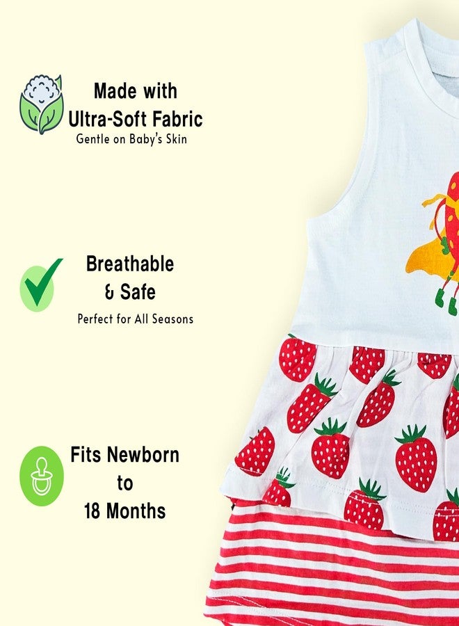 TIDOO Baby Girl Soft Cotton Frock Heart Print Top and Strawberry Design Bottom Ideal for Summer_12_18M_White Pink - Image 2
