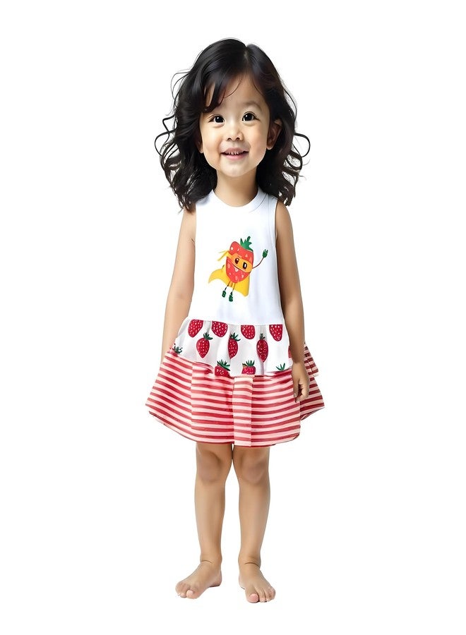 TIDOO Baby Girl Soft Cotton Frock Heart Print Top and Strawberry Design Bottom Ideal for Summer_12_18M_White Pink - Image 1