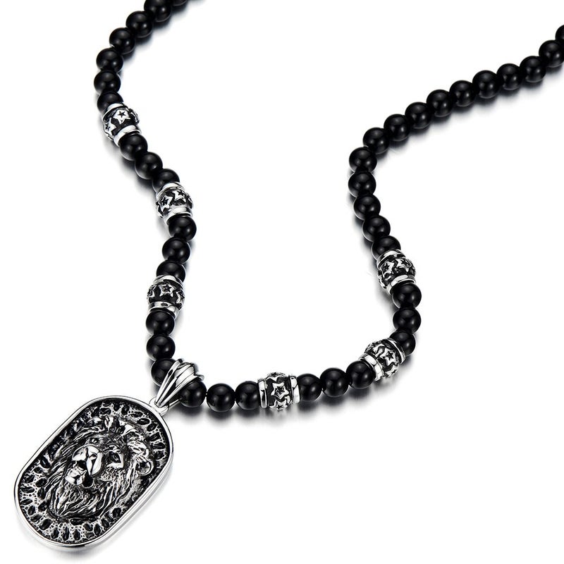 COOLSTEELANDBEYOND Gothic Style Mens Black Onyx Beads Necklace with Stainless Steel Lion Head Shield Pendant - Image 2