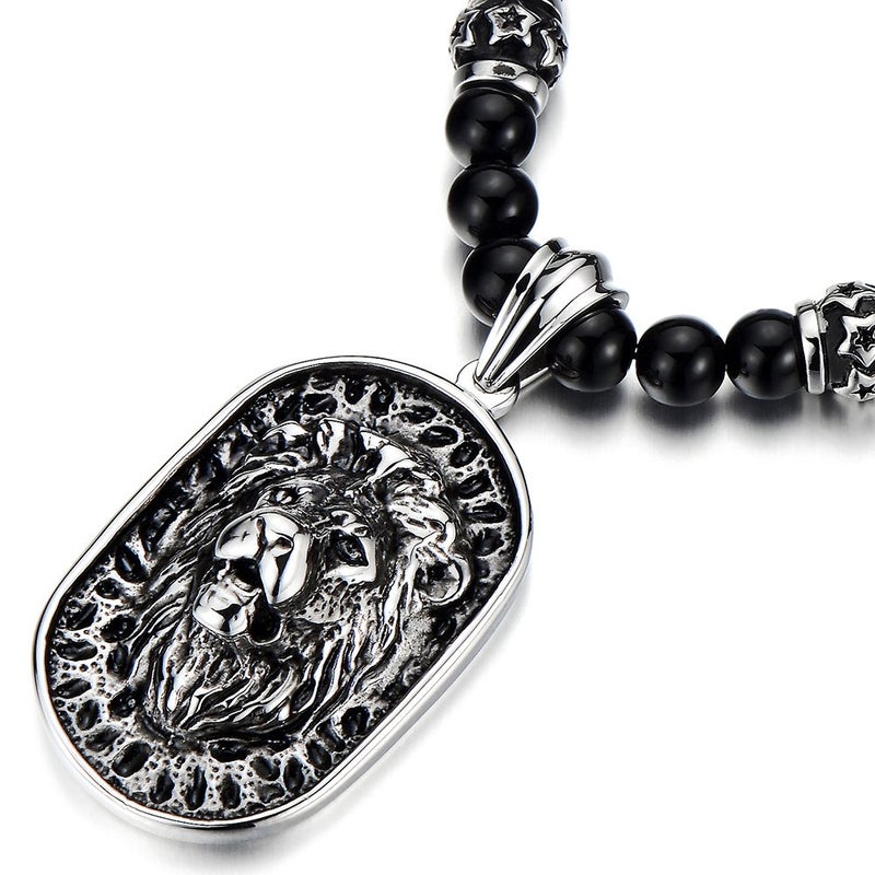 COOLSTEELANDBEYOND Gothic Style Mens Black Onyx Beads Necklace with Stainless Steel Lion Head Shield Pendant - Image 1