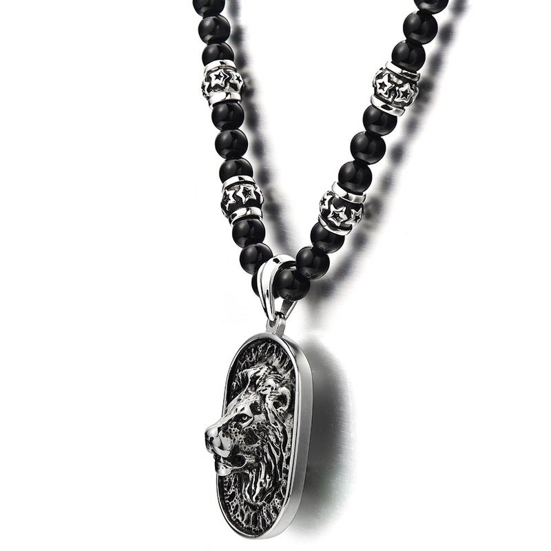 COOLSTEELANDBEYOND Gothic Style Mens Black Onyx Beads Necklace with Stainless Steel Lion Head Shield Pendant - Image 4