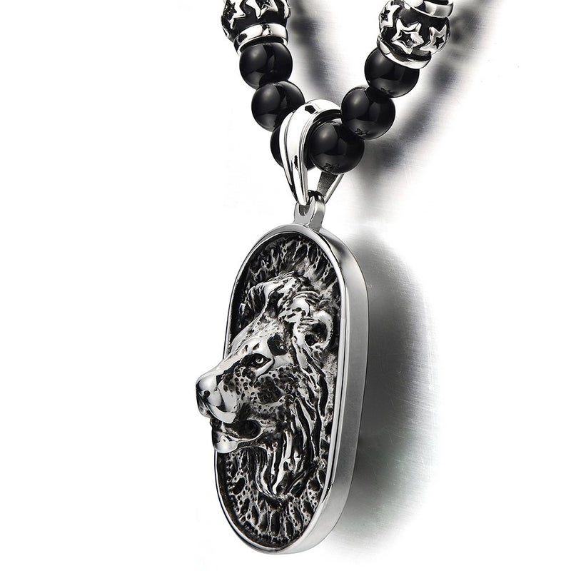 COOLSTEELANDBEYOND Gothic Style Mens Black Onyx Beads Necklace with Stainless Steel Lion Head Shield Pendant - Image 3