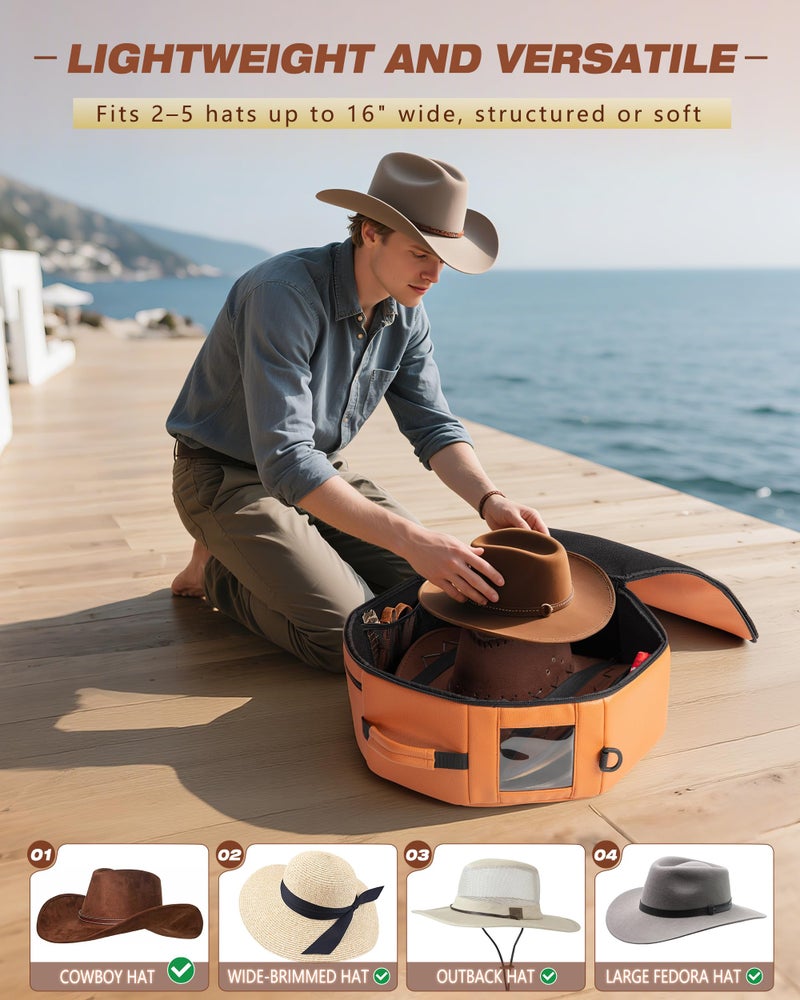 Marscamd Vegan Leather Hat Box Fits 4 Cowboy or Wide-Brim Hats, Padded Storage Case with Shoulder Strap & Trolley Sleeve for Travel or Home Storage, Brown - Image 2