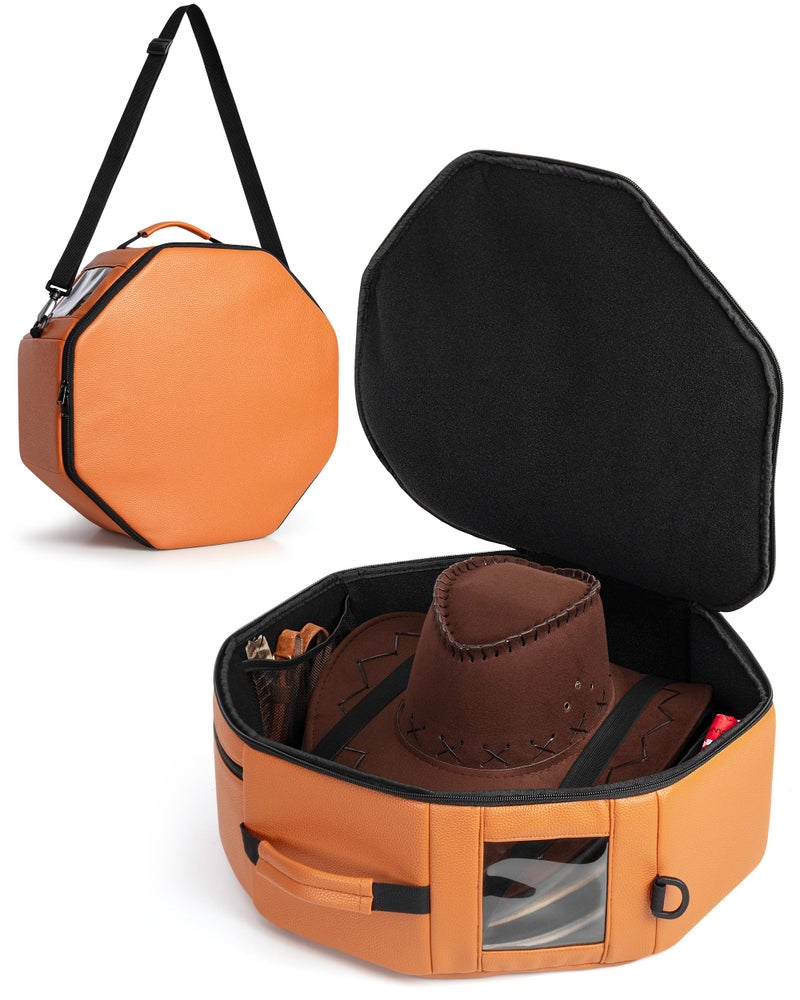Marscamd Vegan Leather Hat Box Fits 4 Cowboy or Wide-Brim Hats, Padded Storage Case with Shoulder Strap & Trolley Sleeve for Travel or Home Storage, Brown - Image 1