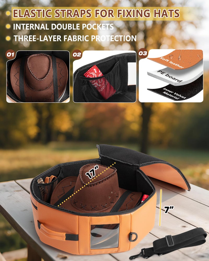 Marscamd Vegan Leather Hat Box Fits 4 Cowboy or Wide-Brim Hats, Padded Storage Case with Shoulder Strap & Trolley Sleeve for Travel or Home Storage, Brown - Image 3