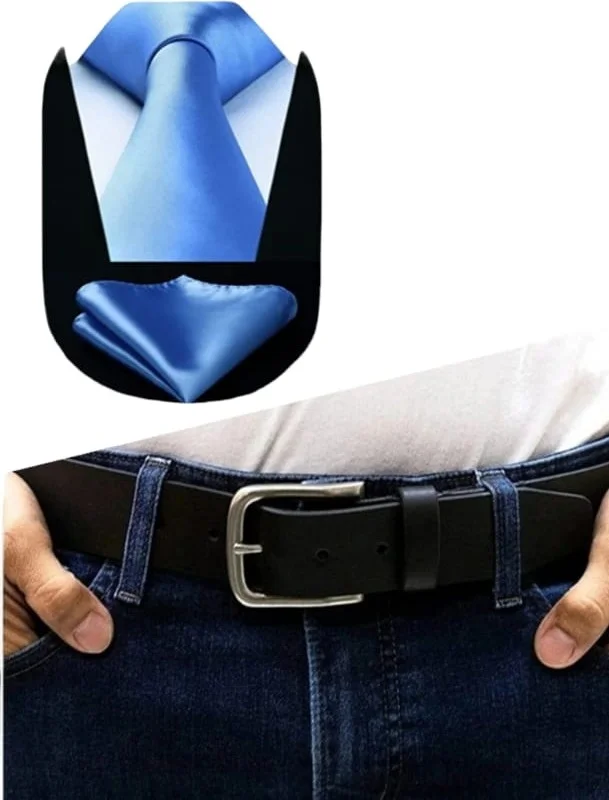 Tezzgelsin Men's Leather Canvas Jeans Belt and Satin Tie Handkerchief Set