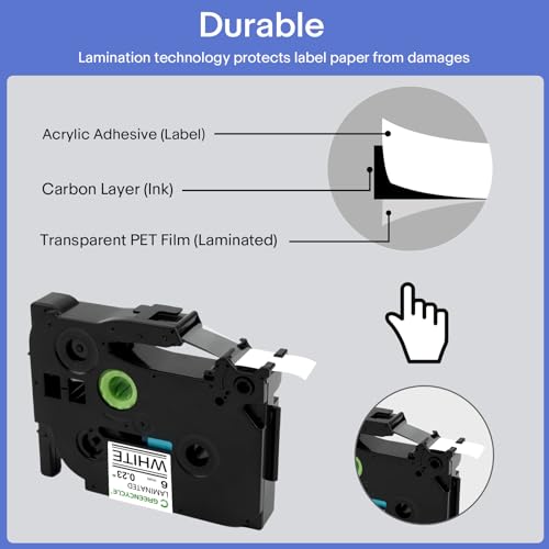 GREENCYCLE 2 Pack 6mm White Label Tape Compatible for Ptouch TZe-211 TZ-211 TZe211 6mm 0.23 Laminated White Tape for Ptouch PT-D210 D400 H110 D200 D600 Label Maker - Image 2