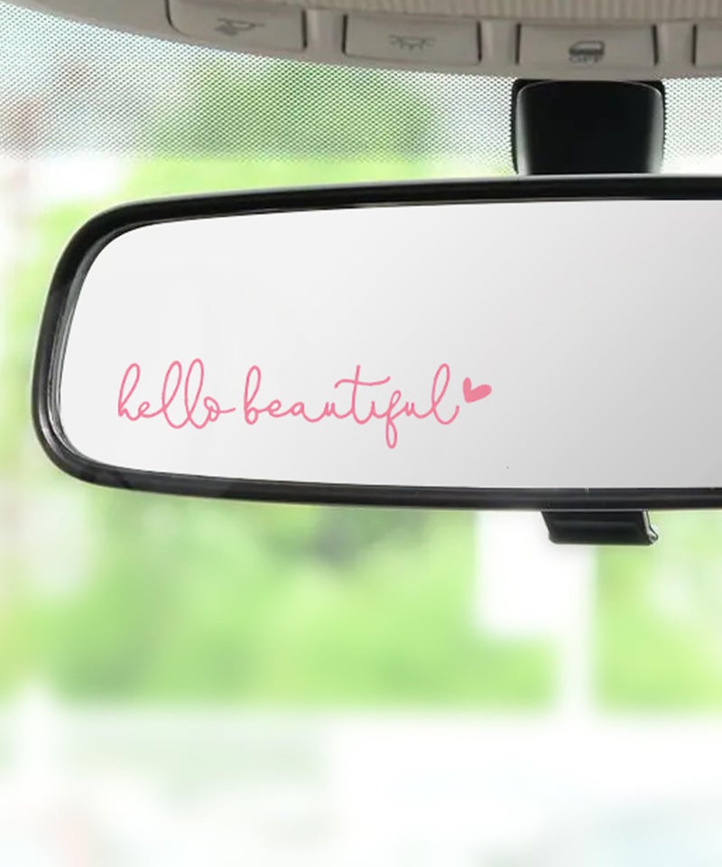 RACOONA Mirror Decal - Hello Beautiful Rearview Sticker, Car Accessories Window Decal, Self Affirmations Decoration (Pink) - Image 1