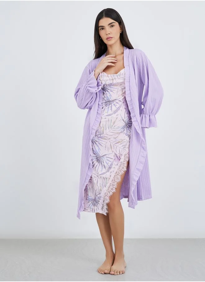 ستايلي Styli Textured Rib Ruffle Edge Robe