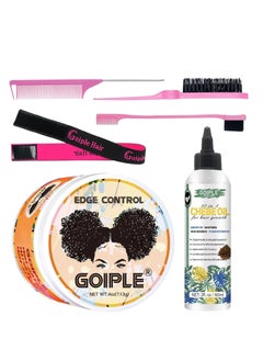 Goiple set - Natural Chebe Oil Moisturizer for Hair Growth, Scalp & All Hair Types - 2 Fl Oz and Edge Control Wax for Women Strong Hold - 4 Oz along with 1pc elastic bands for wig, 1pc rail tall comb, 1pc double-sided edge brush and 1pc bristle brush