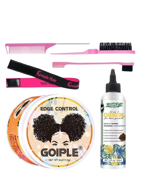 Goiple set - Natural Chebe Oil Moisturizer for Hair Growth, Scalp & All Hair Types - 2 Fl Oz and Edge Control Wax for Women Strong Hold - 4 Oz along with 1pc elastic bands for wig, 1pc rail tall comb, 1pc double-sided edge brush and 1pc bristle brush