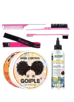 Goiple Goiple set - Natural Chebe Oil Moisturizer for Hair Growth, Scalp & All Hair Types - 2 Fl Oz and Edge Control Wax for Women Strong Hold - 4 Oz along with 1pc elastic bands for wig, 1pc rail tall comb, 1pc double-sided edge brush and 1pc bristle brush  - Image 4