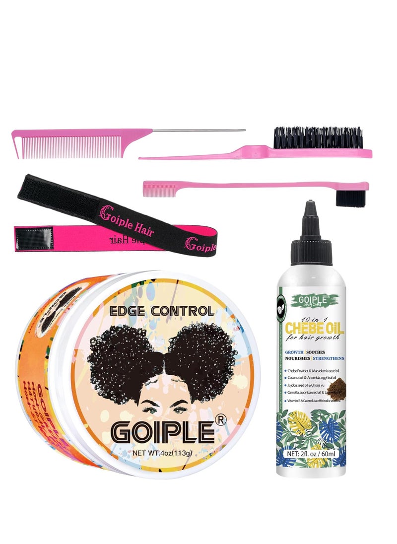 Goiple - Goiple set - Natural Chebe Oil Moisturizer for Hair Growth, Scalp & All Hair Types - 2 Fl Oz and Edge Control Wax for Women Strong Hold - 4 Oz along with 1pc elastic bands for wig, 1pc rail tall comb, 1pc double-sided edge brush and 1pc bristle brush - Image 1