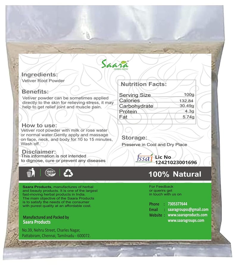 Saara HERBAL FRESH Vetiver Root Powder 301g Khus Root Powder Vala Kas Ramacham Vetiveria Zizanioides Vettiveru Powderpack of 3 x 101g - Image 2
