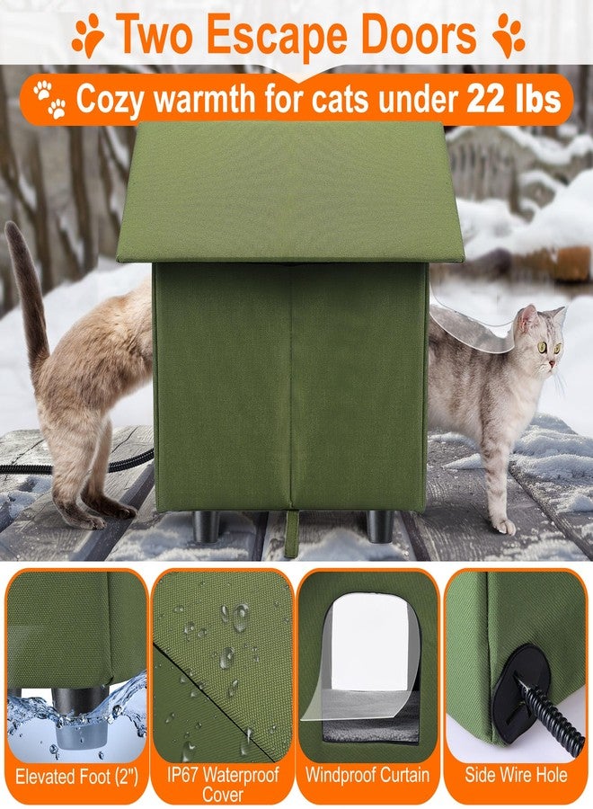 Dreyoo بيت قطط مدفأة مقاوم للعوامل الجوية من دريو، خيمة شتوية خارجية مع سرير مدفأ، مأوى دافئ قابل للطي ببابين للقطط الضالة والحيوانات الصغيرة (أخضر) - Image 3