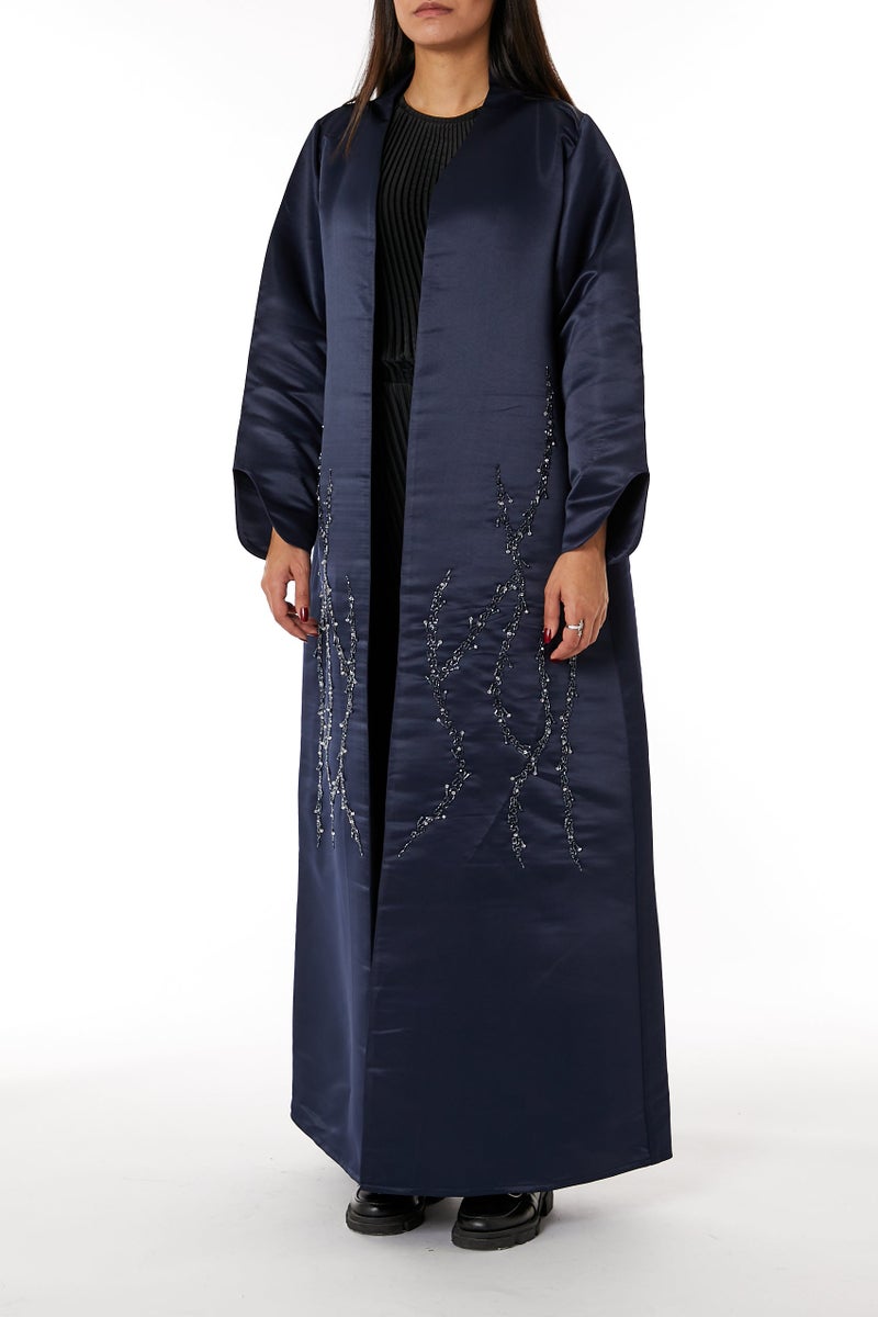 Moistreet Satin Embroidered Open Abaya - Image 1