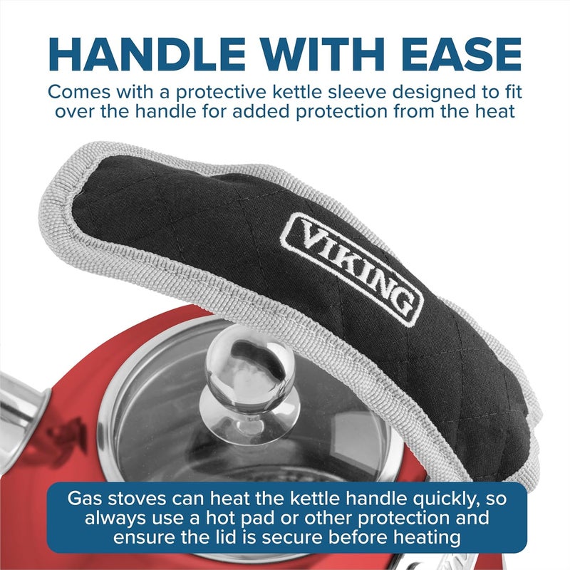 Viking 3-Ply Stainless Steel Tea Kettle, 2.6 Quart Stovetop Hot Water Pot with Tempered Glass Lid, Ergonomic Handle, Induction Ready, Red - Image 3