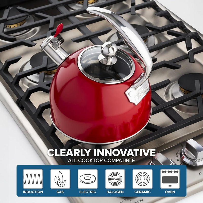 Viking 3-Ply Stainless Steel Tea Kettle, 2.6 Quart Stovetop Hot Water Pot with Tempered Glass Lid, Ergonomic Handle, Induction Ready, Red - Image 5