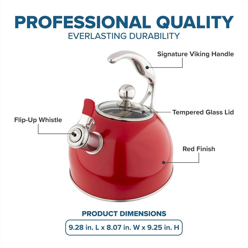 Viking 3-Ply Stainless Steel Tea Kettle, 2.6 Quart Stovetop Hot Water Pot with Tempered Glass Lid, Ergonomic Handle, Induction Ready, Red - Image 4