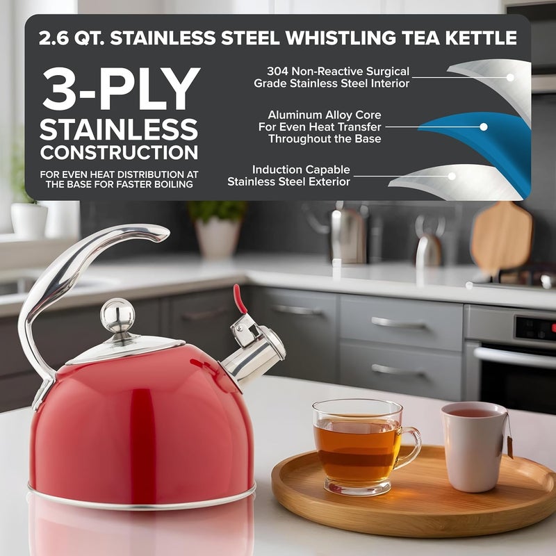 Viking 3-Ply Stainless Steel Tea Kettle, 2.6 Quart Stovetop Hot Water Pot with Tempered Glass Lid, Ergonomic Handle, Induction Ready, Red - Image 2