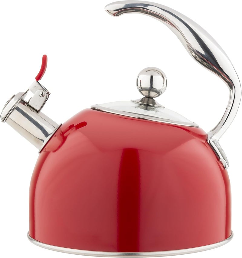 Viking 3-Ply Stainless Steel Tea Kettle, 2.6 Quart Stovetop Hot Water Pot with Tempered Glass Lid, Ergonomic Handle, Induction Ready, Red - Image 1