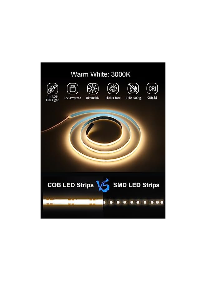 The Bros شريط LED COB USB 1م أبيض دافئ 3000K 5V قابل للتعتيم 320LEDs/m للإضاءة الخلفية للتلفاز تحت خزائن الإضاءة في غرفة النوم ديكور المنزل - Image 3