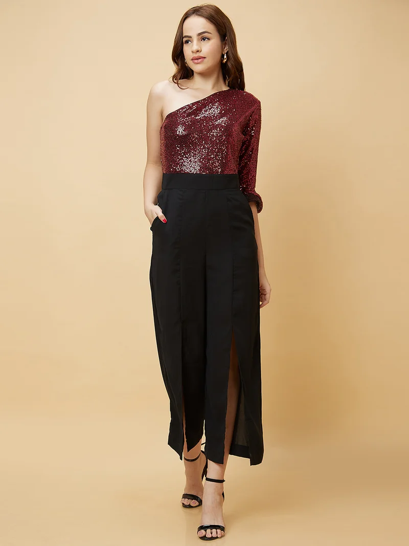 globus Women Red & Black Embellished Basic Jumpsuit