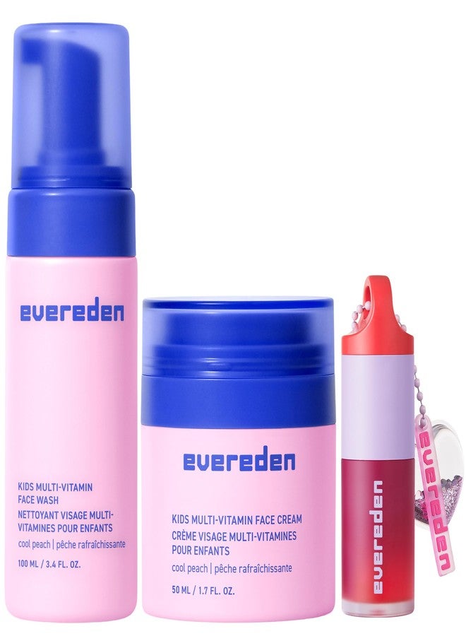 Evereden Happy Kids Skin & Lips Routine - Multi-Vitamin Face Wash & Face Cream Peach & Tinted Lip Oil Ruby Red Set - Clean & Vegan Skin Care for Kids 3+ - Moisturizing, Nourishing, & Protective - Image 1