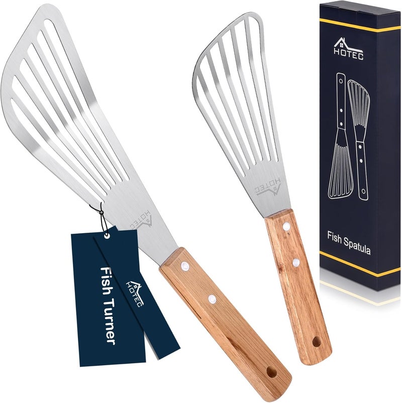 hotec 2pcs Stainless Steel Wooden Handle Fish Spatula, Metal Spatula Flipping Foods - Image 1