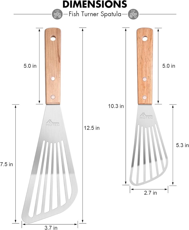 hotec 2pcs Stainless Steel Wooden Handle Fish Spatula, Metal Spatula Flipping Foods - Image 2