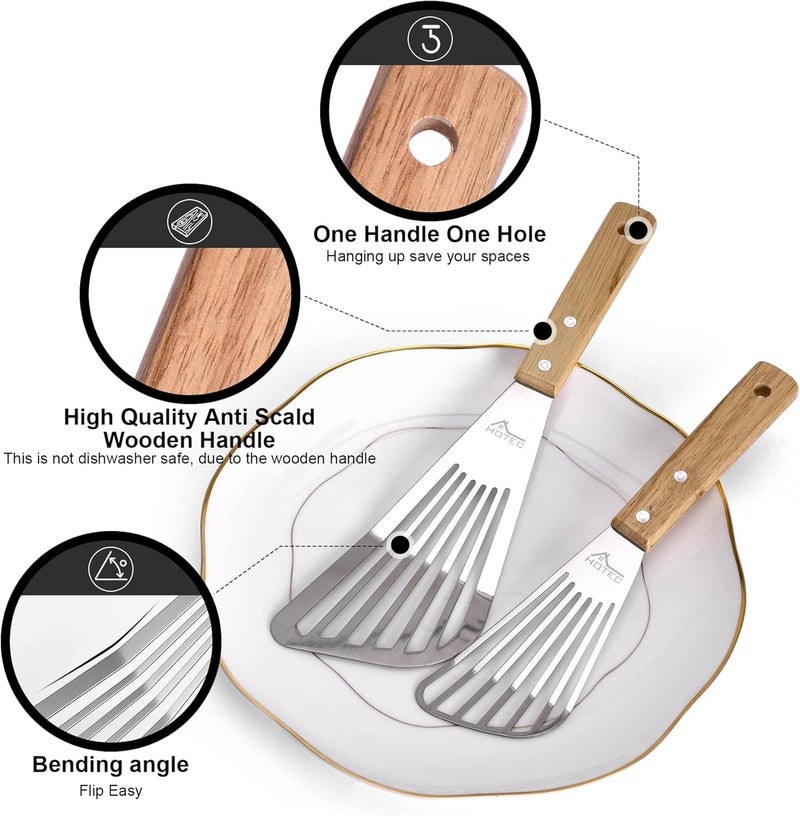 hotec 2pcs Stainless Steel Wooden Handle Fish Spatula, Metal Spatula Flipping Foods - Image 3