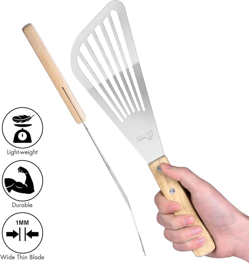 hotec 2pcs Stainless Steel Wooden Handle Fish Spatula, Metal Spatula Flipping Foods - Image 4