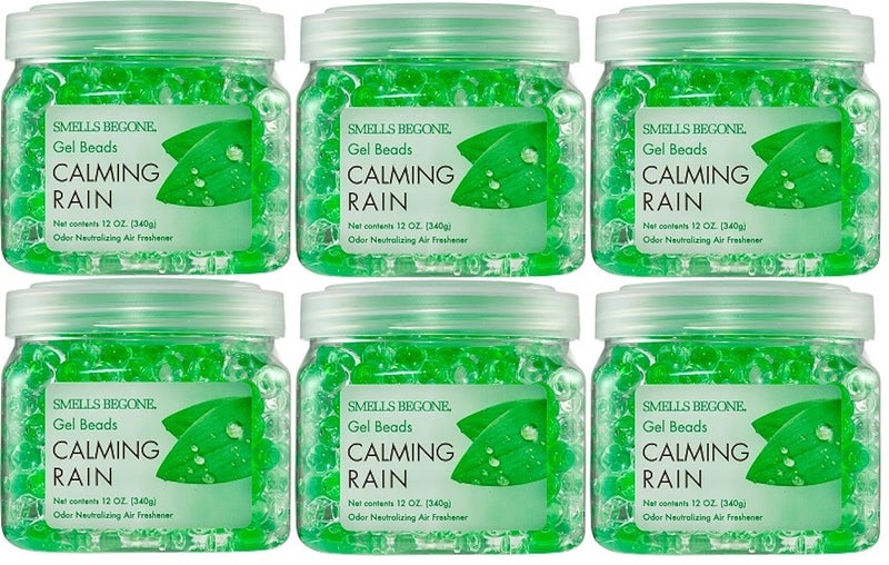 SMELLS BEGONE Odor Eliminator Gel Beads 12 oz Pack of 6 Eliminates Odor in Bathrooms Cars Boats RVs Pet Areas Air Freshener Made with Essential Oils Calming Rain Scent