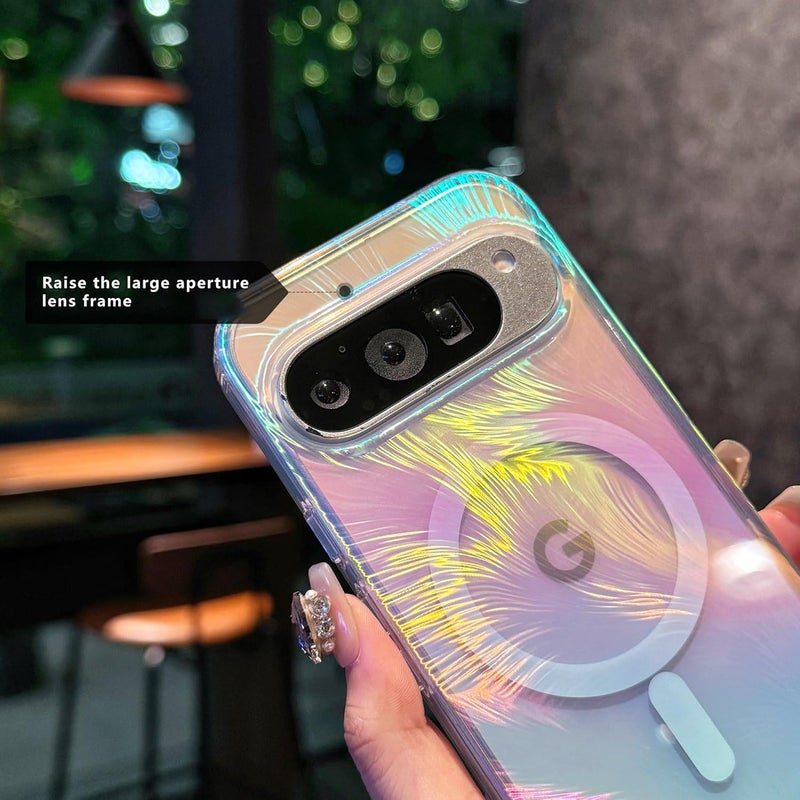phylla for Google Pixel 10 Pro XL Magnetic Phone Case [Compatible with Magsafe] Luxury Feather Fluorescent Holographic Iridescent Colorful Cute Rainbow Shockproof Cover Bumper for Women (A, Pixel 10 Pro XL) - Image 4