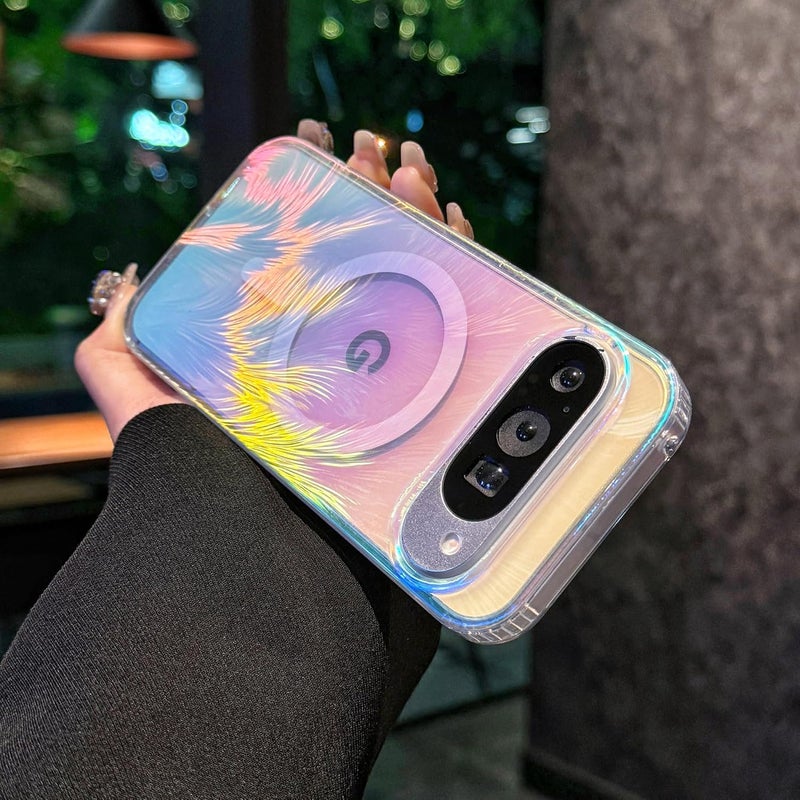 phylla for Google Pixel 10 Pro XL Magnetic Phone Case [Compatible with Magsafe] Luxury Feather Fluorescent Holographic Iridescent Colorful Cute Rainbow Shockproof Cover Bumper for Women (A, Pixel 10 Pro XL) - Image 5