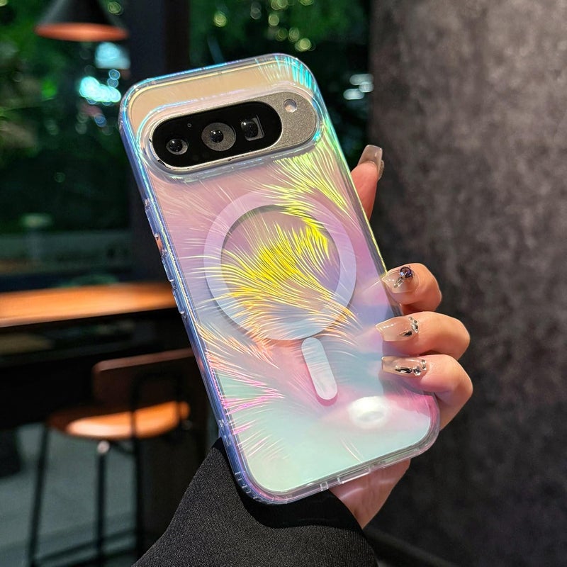 phylla for Google Pixel 10 Pro XL Magnetic Phone Case [Compatible with Magsafe] Luxury Feather Fluorescent Holographic Iridescent Colorful Cute Rainbow Shockproof Cover Bumper for Women (A, Pixel 10 Pro XL) - Image 3