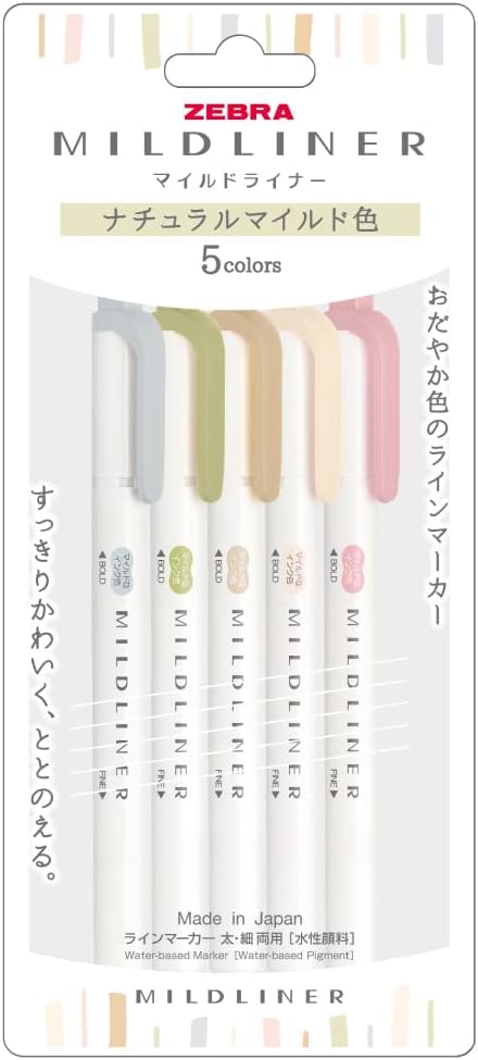 Zebra Mildliner WKT7-5C-NTC Fluorescent Pen Set - Natural Mild Colour, Pack of 5 - Image 1